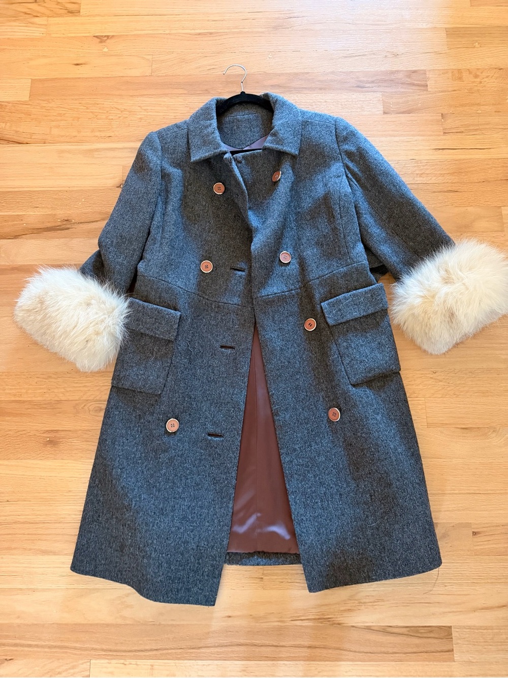 Wool Blend Gray Double-Breasted Coat with Faux-Fur Cuffs